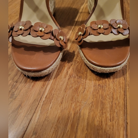 Kate Spade Brown Leather Floral Strap Espadrille Wedge Sandals 8 - Picture 9 of 10